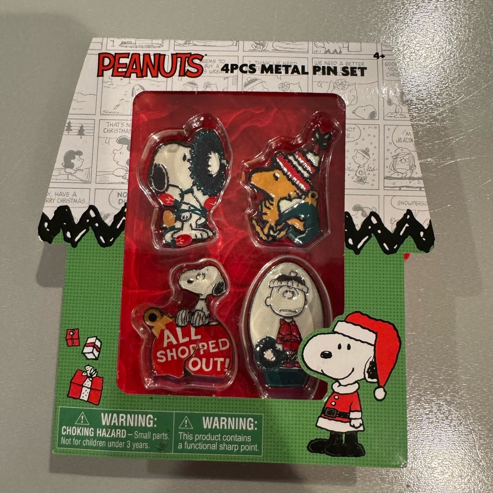 Peanuts New 4pc Metal Pin Set Snoopy, Woodstock & Charlie Brown Christmas Theme